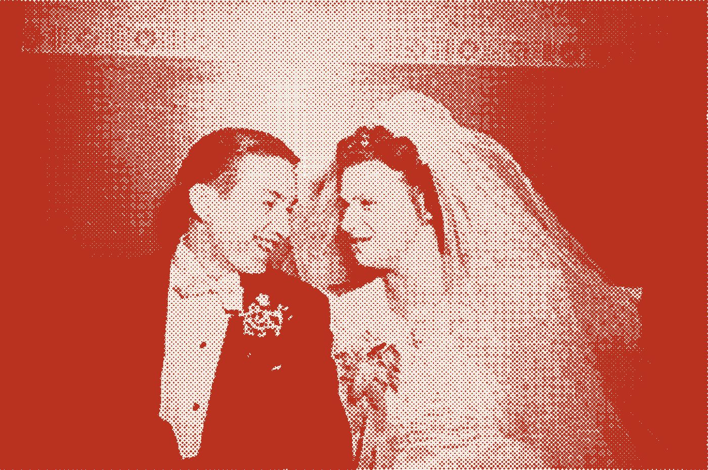 A bride and groom laughing at their wedding, 1940s, printed as a red halftone