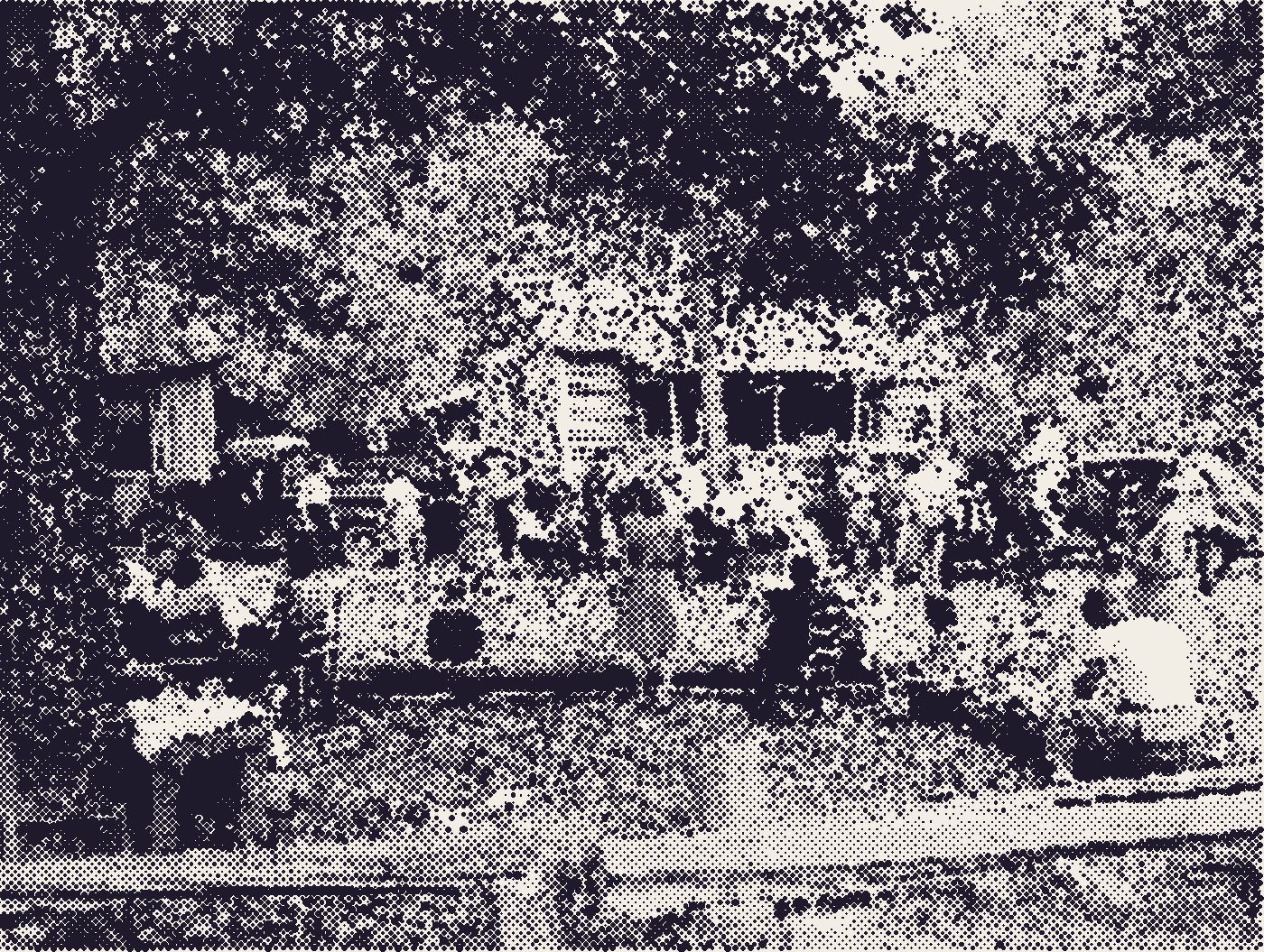 Hundreds of people at a family reunion outside a farmhouse, halftone