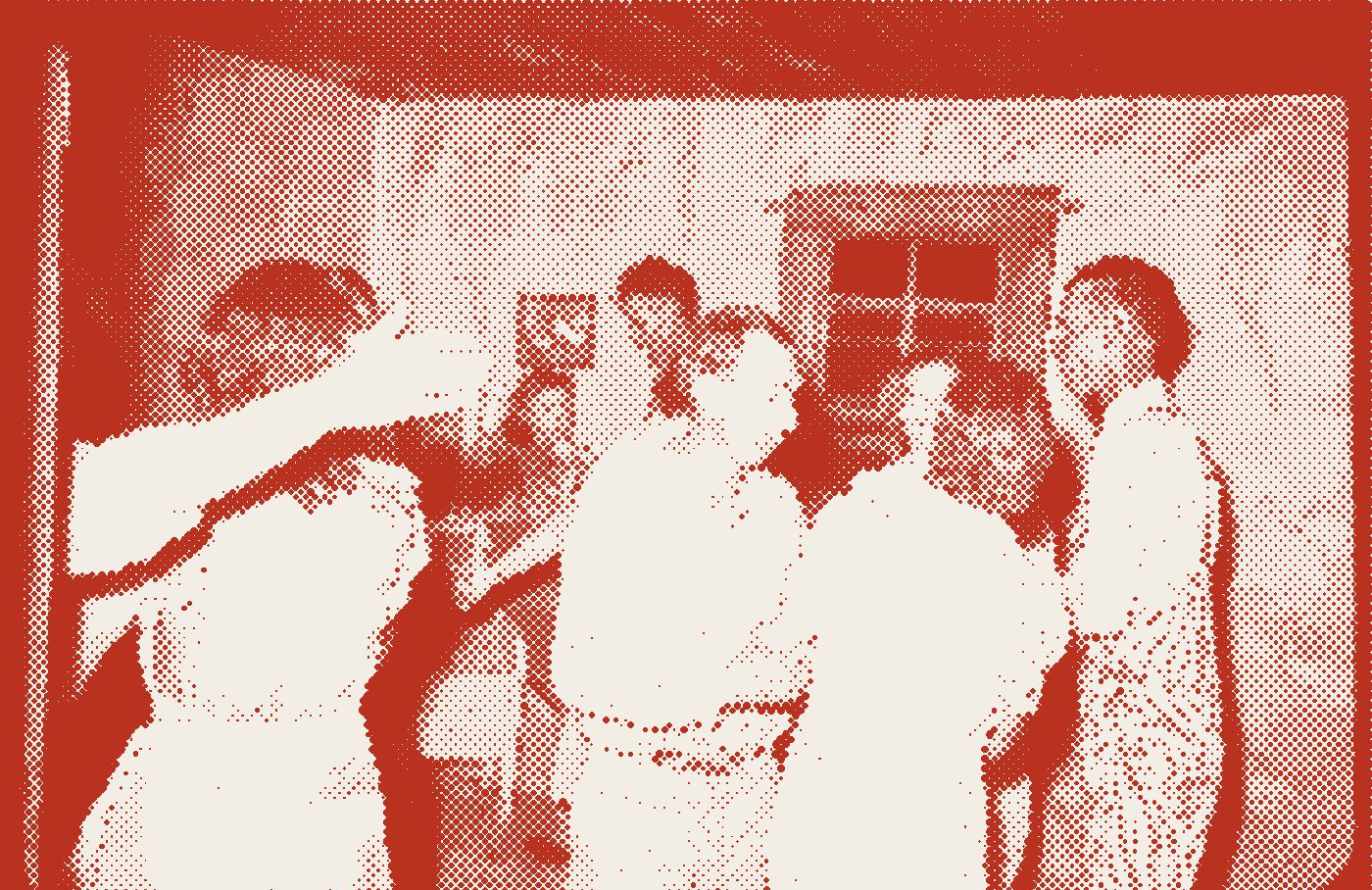 A crowded square dance in a farmhouse, 1939, red halftone