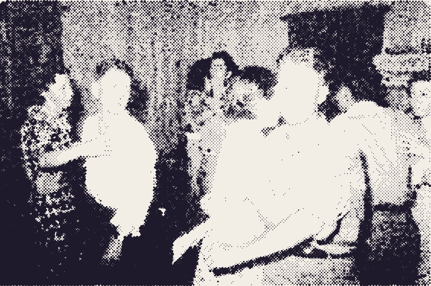 Couples dancing at a square dance, ink halftone
