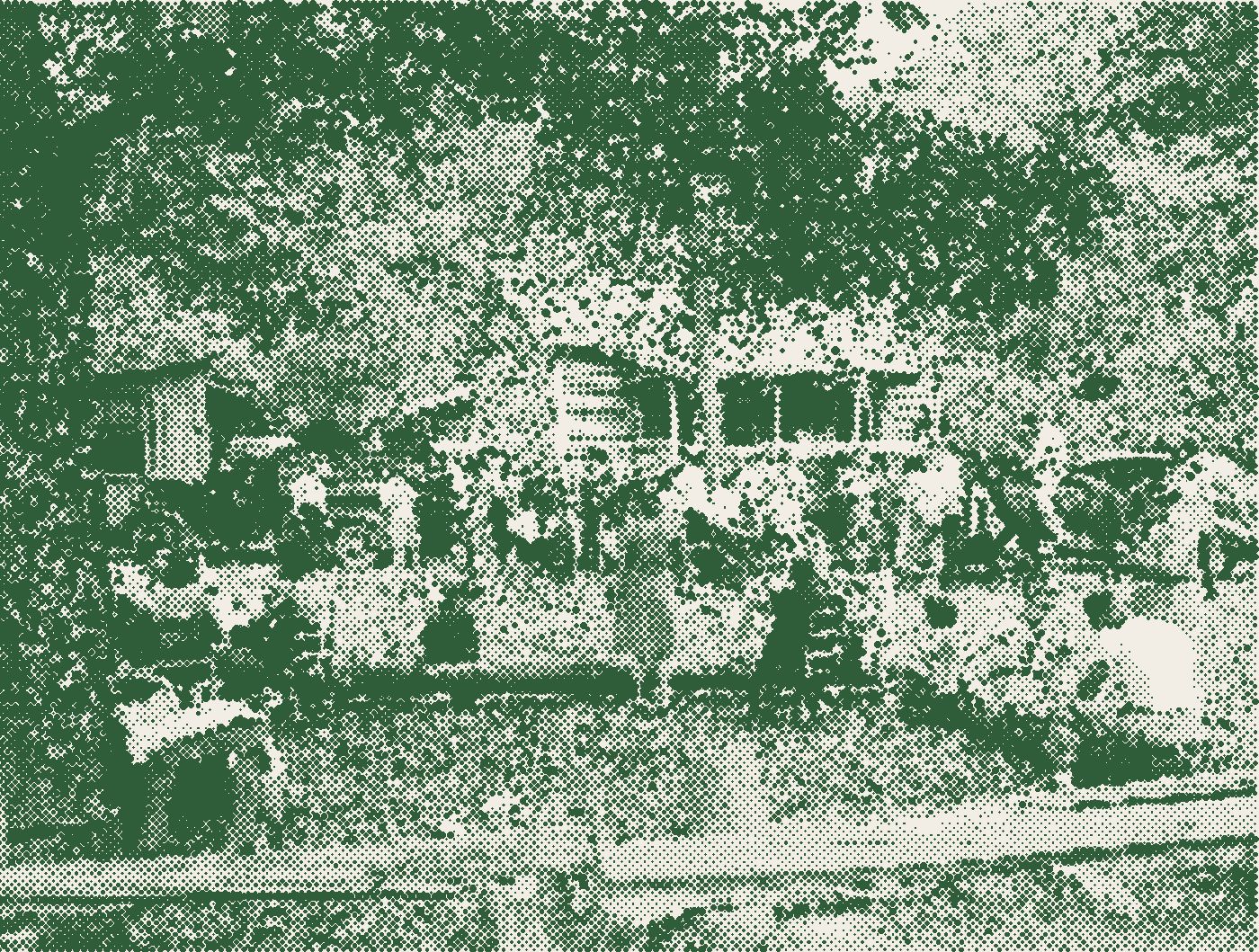 Crowd outside a farmhouse, green halftone