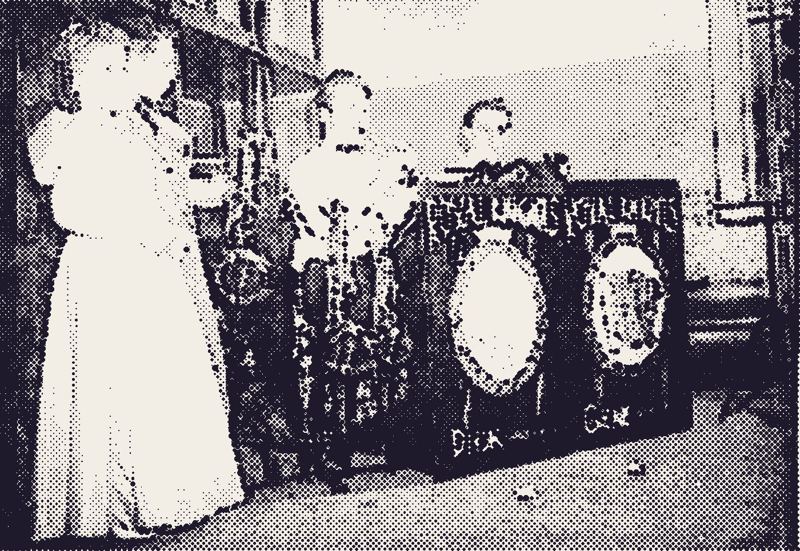 A dance band on stage, ink halftone