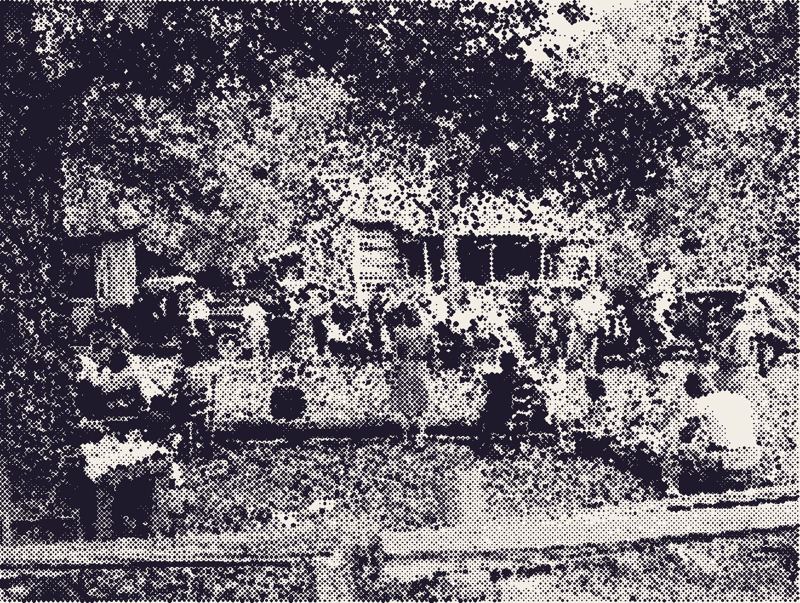 Hundreds of people at a family reunion outside a farmhouse, halftone