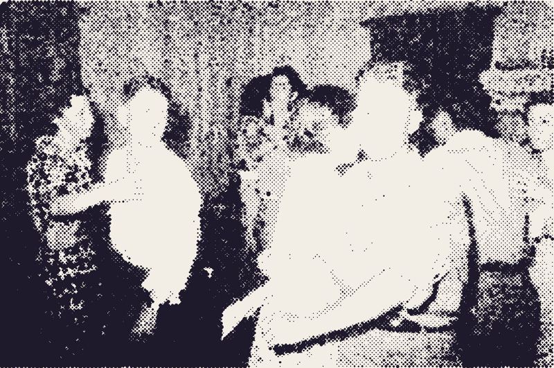 Couples dancing close at a square dance, halftone