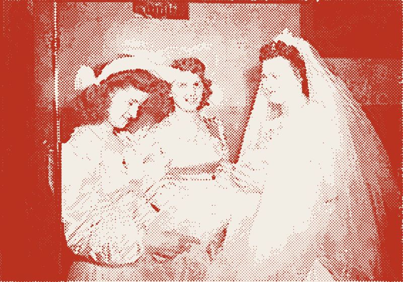 A wedding table with cake and candles, red halftone